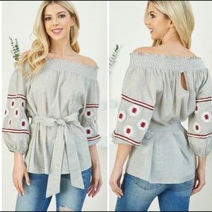 New! Off Shoulder Tribal Print Embroidered Ballon Sleeve Top